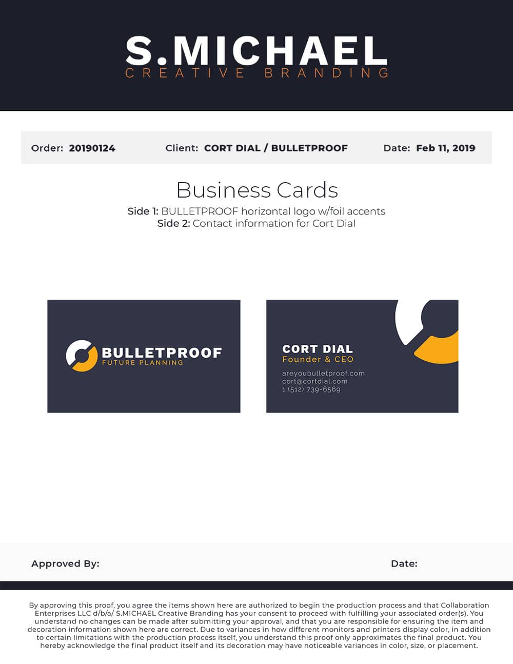 Bulletproof Future Planning Business Cards - S.MICHAEL Creative Branding Art Mockup
