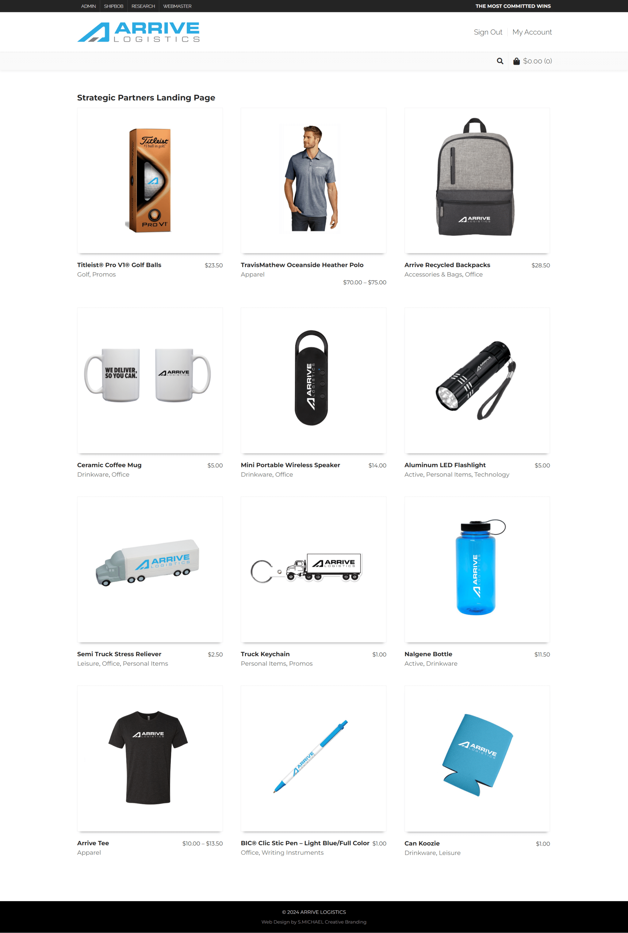 Screenshot of Custom Company Web Store for Arrive Logistics by S.MICHAEL Creative Branding