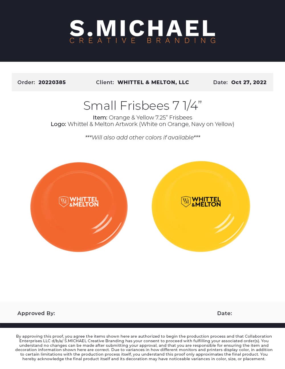Whittel & Melton Branded Frisbees - S.MICHAEL Creative Branding Art Mockup